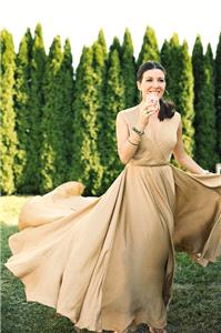 Attire. dress, gold, bridesmaid