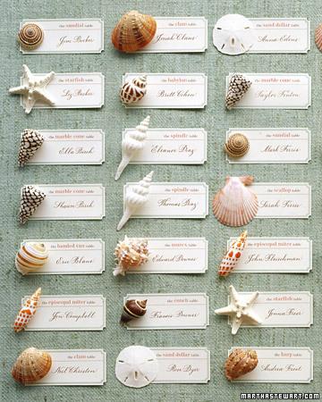 Table Decor, escort cards, shells, decor