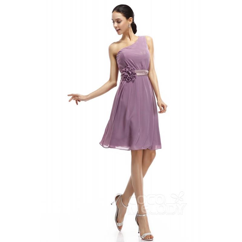 My Stuff, A-Line One Shoulder Knee Length Chiffon Quail Sleeveless Zipper Bridesmaid Dresses COZK140