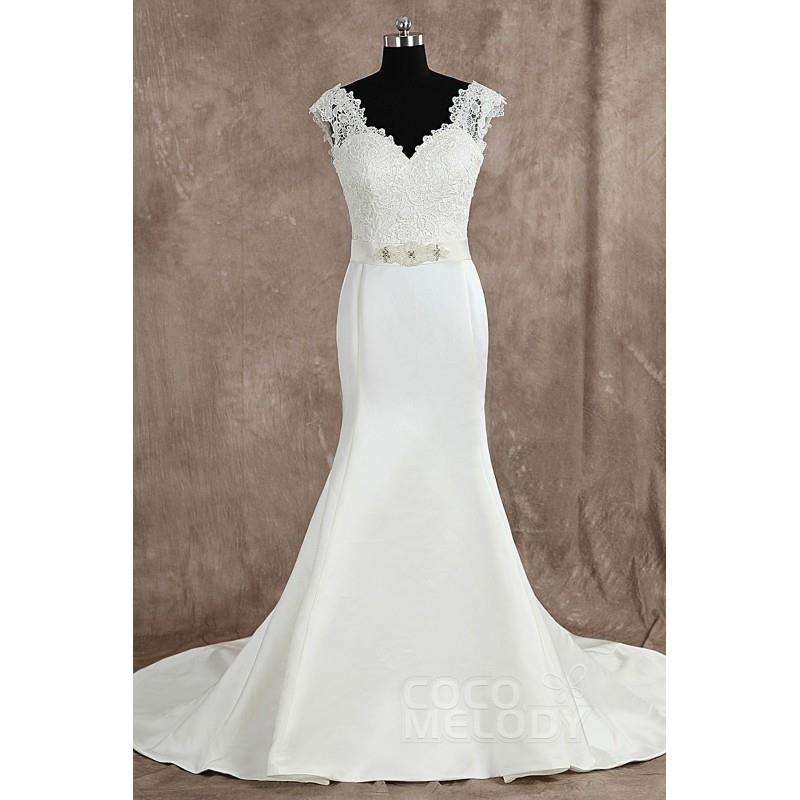 My Stuff, Chic Trumpet-Mermaid V-Neck Train Satin Ivory Sleeveless Open Back Wedding Dress with Sash