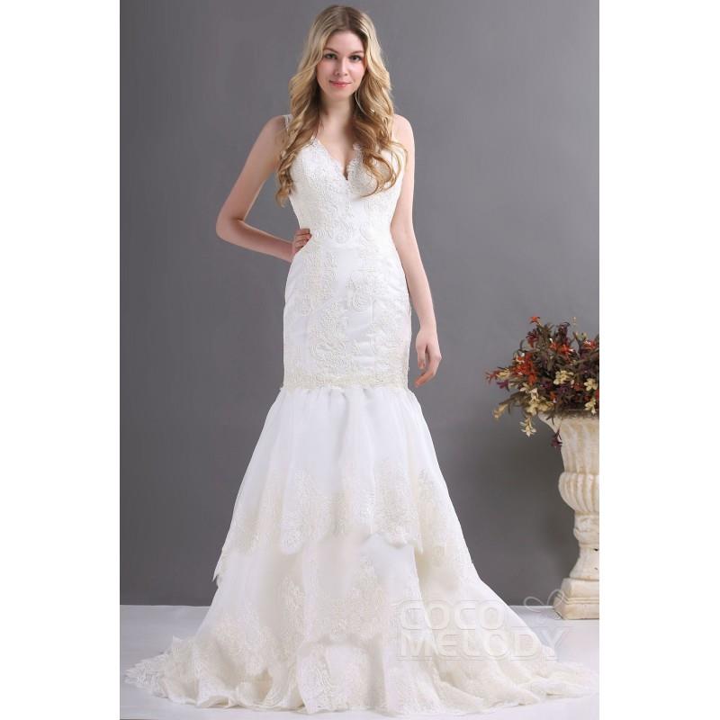 My Stuff, Impressive Trumpet-Mermaid V-Neck Court Train Lace Fit and Flare Wedding Dress CWZT13036 -