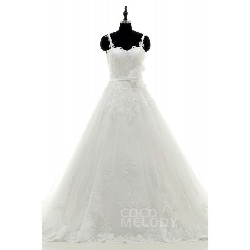 My Stuff, Luxurious A-Line Spaghetti Strap Court Train Tulle Ivory Sleeveless Side Zipper Wedding Dr