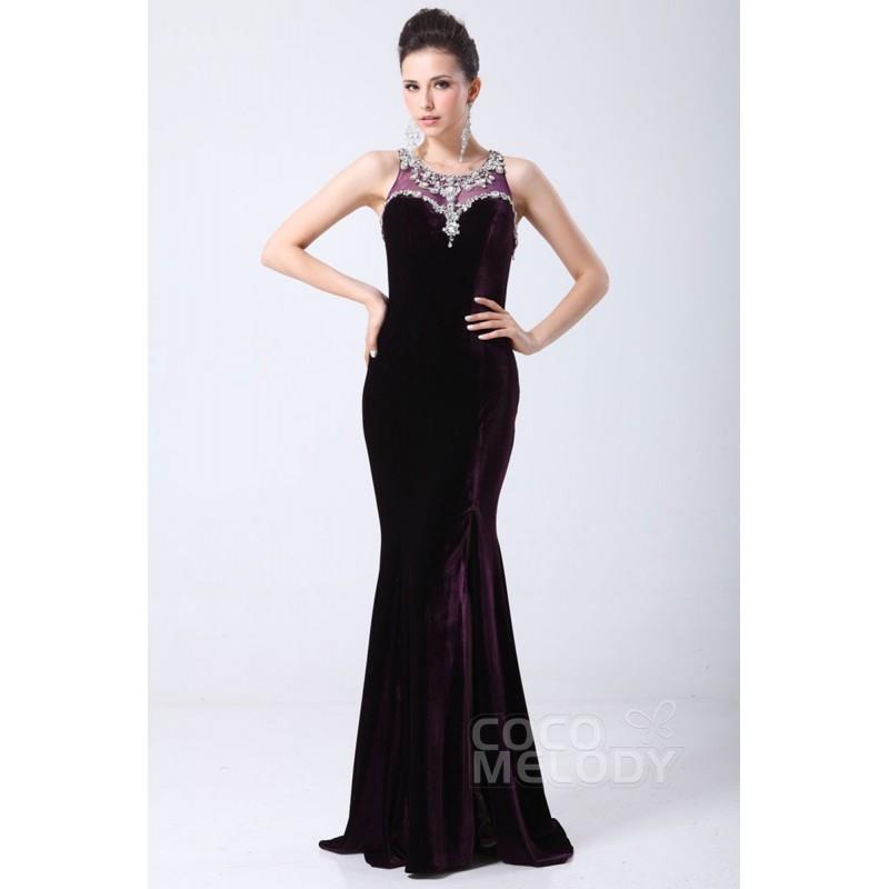 My Stuff, Hot Sale Sheath-Column Jewel Sweep-Brush Train Velvet Evening Dress with Split and Crystal