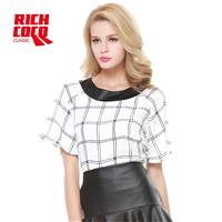 Fashion casual coat collar PU stitching loose cropped black and white Plaid short sleeve chiffon shi