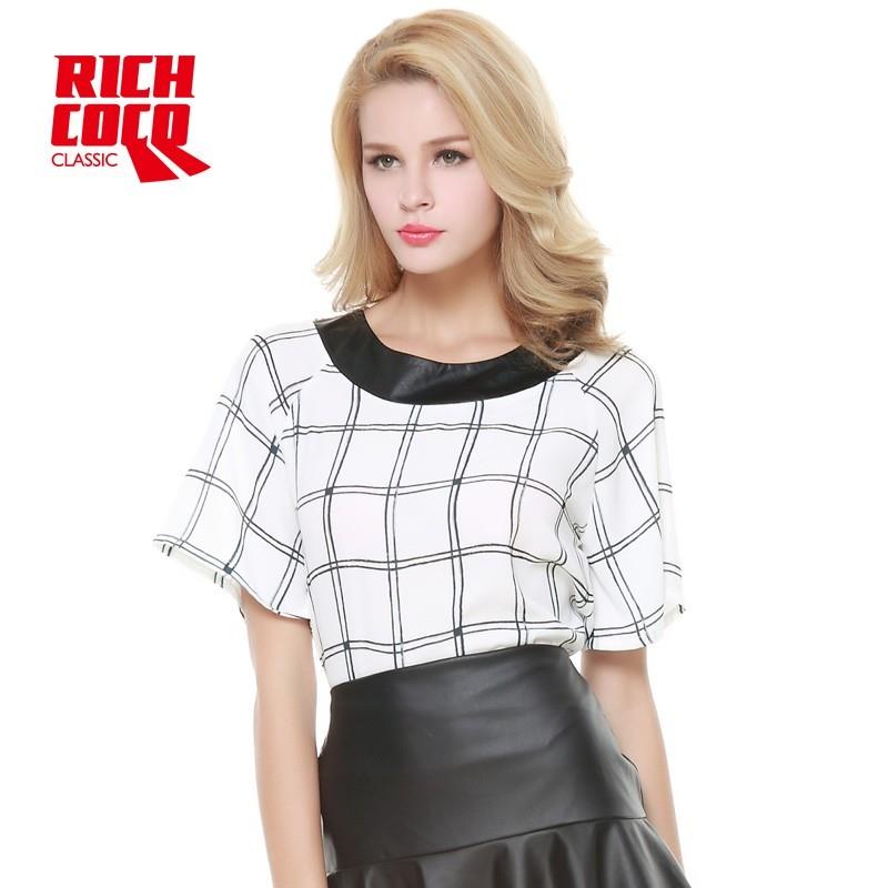 My Stuff, Fashion casual coat collar PU stitching loose cropped black and white Plaid short sleeve c