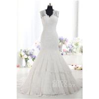 Fantastic Trumpet-Mermaid V-Neck Dropped Train Lace Ivory Sleeveless Key Hole Wedding Dress with App