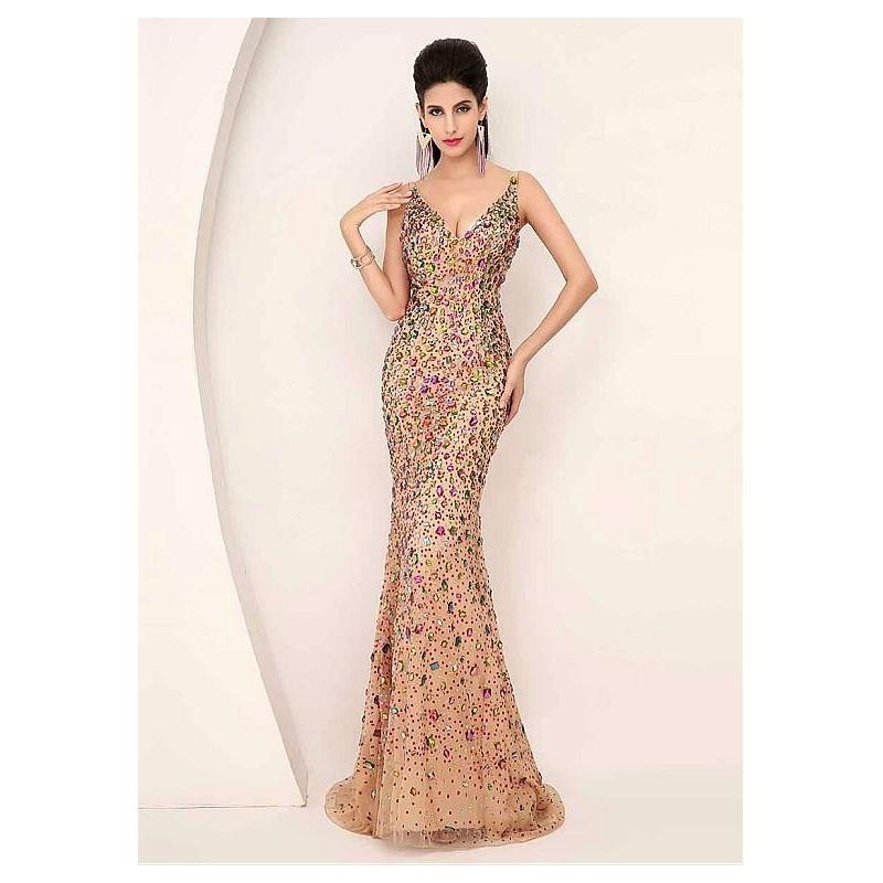 My Stuff, In Stock Junoesque Tulle V-neck Neckline Mermaid Evening Dresses With Beadings - overpinks