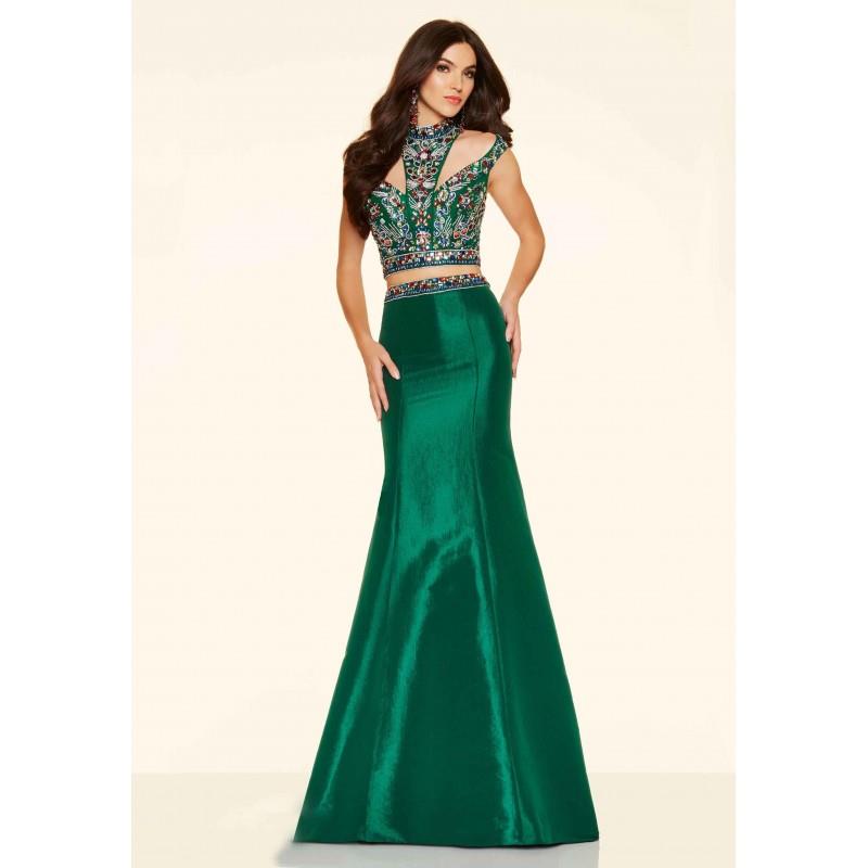 My Stuff, Hollow Dark Green High Neck Satin Beading Two Piece Prom Dress - dressosity.com