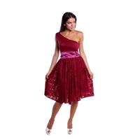 2016 New Marsala Dress Bridesmaid.Short Lace Flared Dress With Belt.Formal One Shoulder Dress Marsal