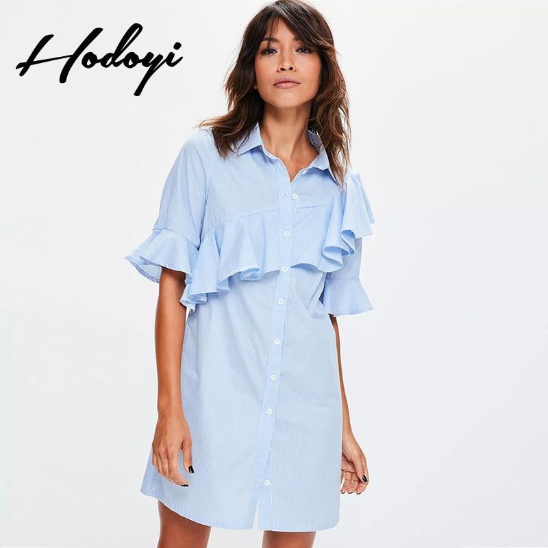 My Stuff, Office Wear Vogue Simple Frilled Short Sleeves Stripped Summer Dress Blouse - Bonny YZOZO