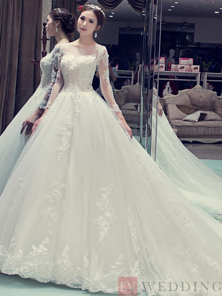 Wedding DRESSES ONLINE, Appliques Scoop Neck Long Sleeves Ball Gown Wedding Dress