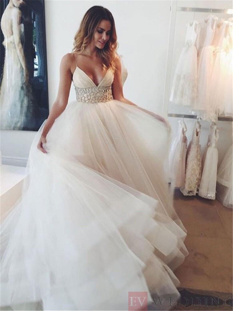 Wedding DRESSES ONLINE, Sexy V Neck Spaghetti Straps Tulle Wedding Dress