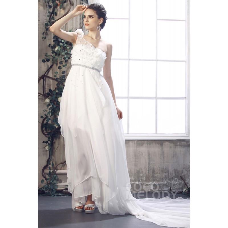 My Stuff, Grand Asymmetrical One Shoulder Empire Waist Chapel Train Chiffon Wedding Dress CWLH13004