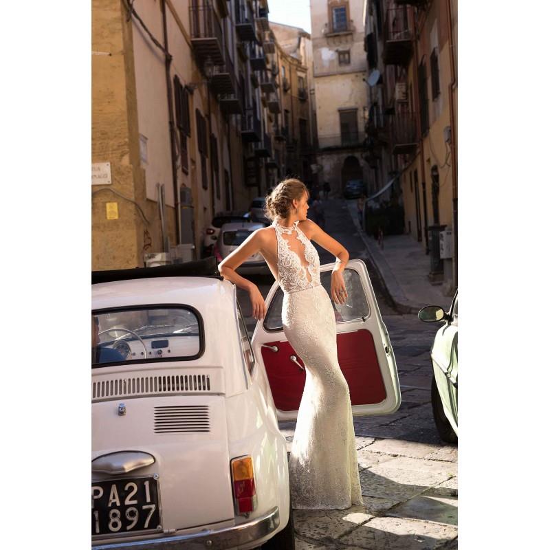 My Stuff, Muse by Berta 2018 BRIANNA Sweep Train Open Back Ivory Halter Sleeveless Sheath Lace Beadi