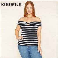 Vogue Sexy Hollow Out Slimming Plus Size Bateau Off-the-Shoulder Stripped Summer T-shirt - Bonny YZO