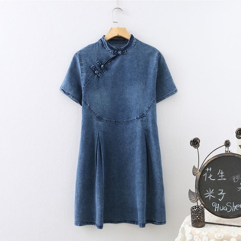 My Stuff, Chinese Plus Size Denim Dress Frog Button Summer Short Sleeves Cheongsam Dress Dress Skirt