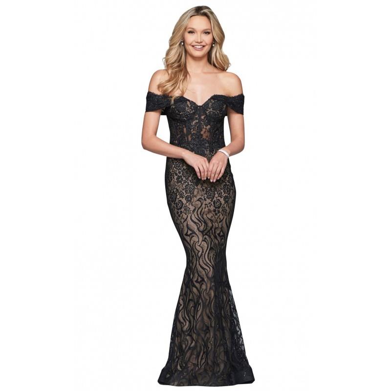 My Stuff, Faviana S10109 Sweep Train Lace Zipper Up Appliques Off-the-shoulder Elegant Black Fit & F