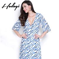 2017 summer new style fashion sexy deep v neck print dress with slim side slit dress - Bonny YZOZO B