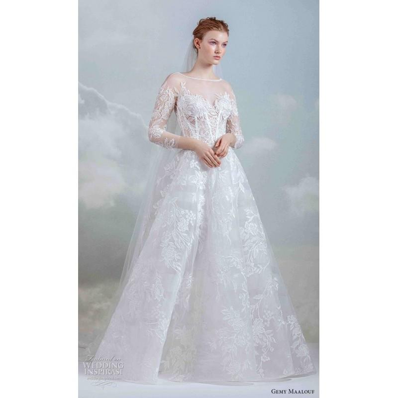 My Stuff, Gemy Maalouf 2019 Illusion Chapel Train Sweet White Aline 3/4 Sleeves Appliques Lace Weddi