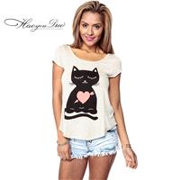 Asymmetrical Printed Scoop Neck Sleeveless Cat White Short Sleeves T-shirt - Bonny YZOZO Boutique St