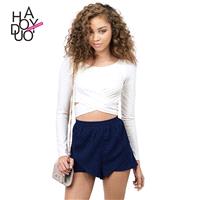 2017 autumn new style sexy navel-baring cross fold back zipper strap slim t shirt - Bonny YZOZO Bout