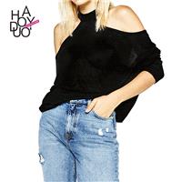 Oversized Vogue Simple Halter Off-the-Shoulder Jersey One Color Spring Sweater - Bonny YZOZO Boutiqu