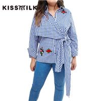 Vogue Simple Embroidery Plus Size Lattice Floral White Blue Tie Blouse - Bonny YZOZO Boutique Store