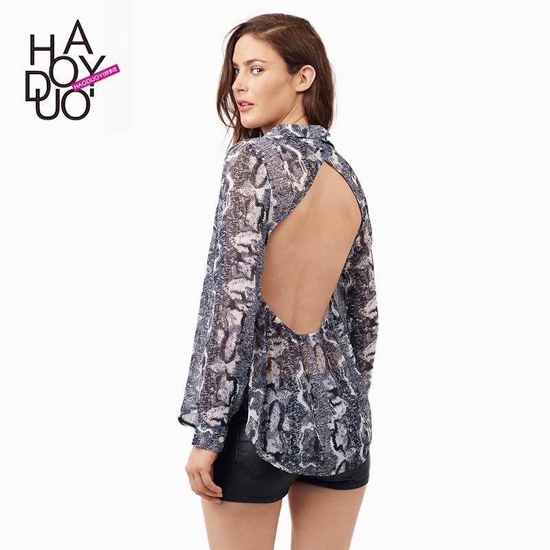 My Stuff, Fashionable snake print cross-cut Halter folds on the back tail long sleeve blouse - Bonny