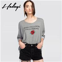 Oversized Vogue Printed Slimming Scoop Neck Rose Alphabet Fall 9/10 Sleeves T-shirt - Bonny YZOZO Bo