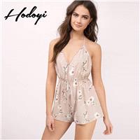 Must-have Vogue Sexy Open Back Curvy V-neck Off-the-Shoulder Floral Summer Tie Jumpsuit Short - Bonn