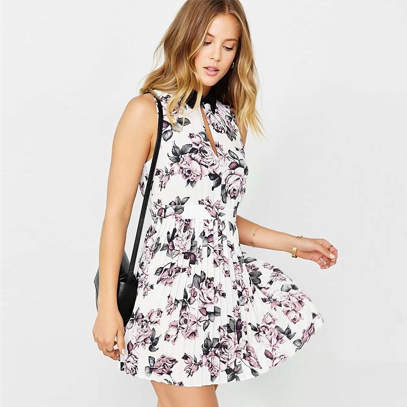 My Stuff, Sweet Fresh Printed High Cut Pleated High Neck Floral Dress Sleeveless Top - Bonny YZOZO B