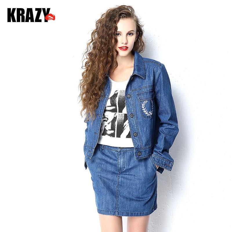 My Stuff, 2017 spring pure cotton denim fashion suit women embroidered bust element jacket + skirt 8