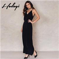 Vogue Sexy Simple Split Open Back Split Front V-neck One Color Summer Lace Dress - Bonny YZOZO Bouti