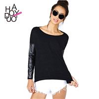 Long sleeve t-shirt woman black round-collar knit PU leather stitching top benefits - Bonny YZOZO Bo