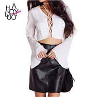 Ladies fall 2017 new sexy chest strap short trumpet sleeves chiffon shirt women - Bonny YZOZO Boutiq