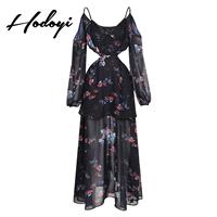 Vogue Sexy Hollow Out Bishop Sleeves V-neck Off-the-Shoulder Floral Summer Strappy Top Dress - Bonny