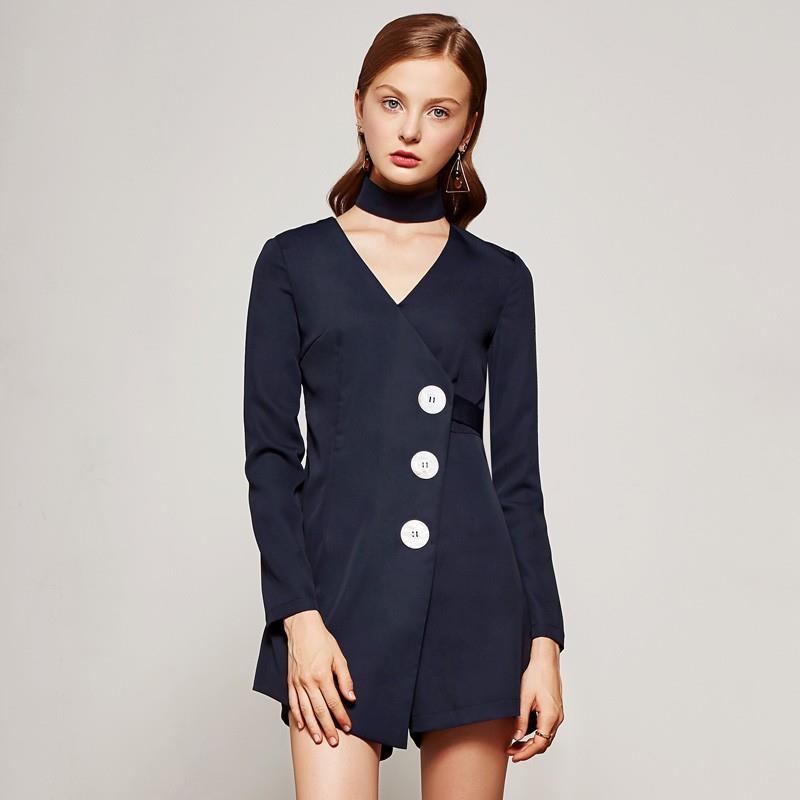 My Stuff, Autumn new retro slim shell button decoration long sleeve v-neck jumpsuit suit shorts wear